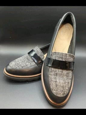 Clarks Collection Sharon Gracie Platform Loafers Slip On Black Tweed Women's 8.5